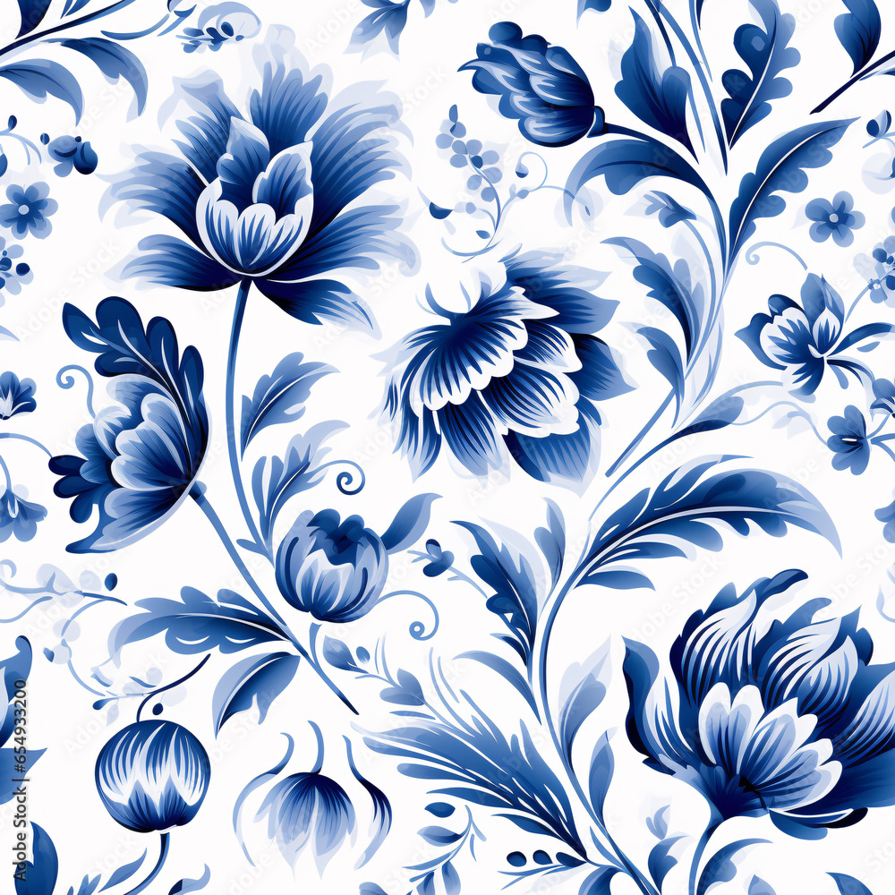 Fototapeta premium A seamless watercolor gouache pattern in a Dutch-inspired style, featuring blue florals for fabric or wallpaper..