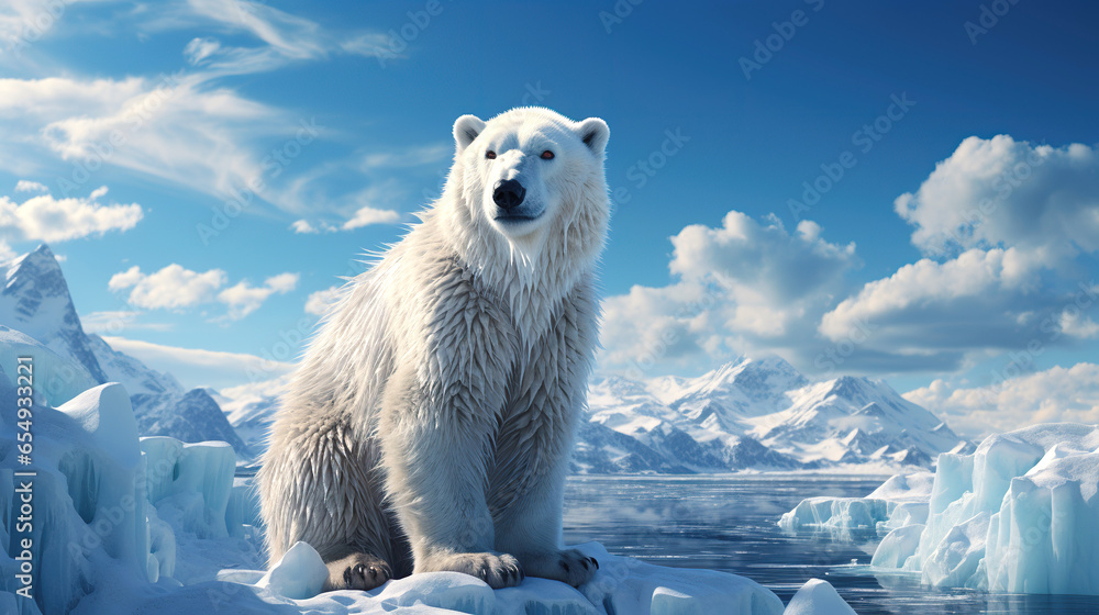 polar white bear on an ice floe in ocean in winter close-up - obrazy, fototapety, plakaty 