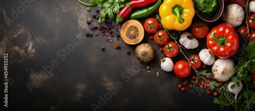 Top view of fresh colorful organic vegetables on a grey stone worktop offering space for free text with copyspace for text