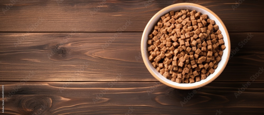 Top down view of wooden background with bowl of dry dog food with copyspace for text Top down view of wooden background with bowl of dry dog food with copyspace for text