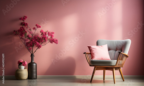 Salón minimalista con lampara, mesilla y sillón. photo