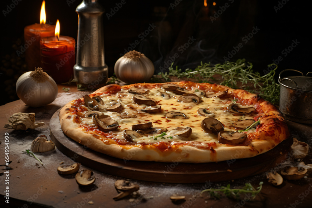 Warm mushroom pizza on table background, seasonal food. AI Generative