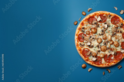 Warm mushroom pizza on a blue background, seasonal food. AI Generative