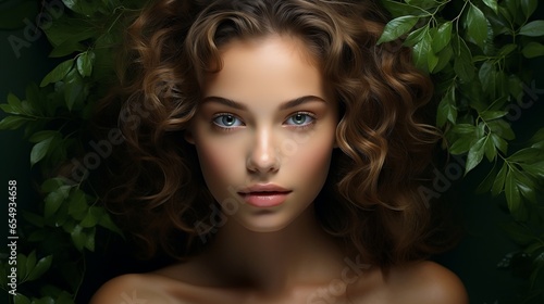 Portrait of beautiful young woman with long curly hair and green leaves