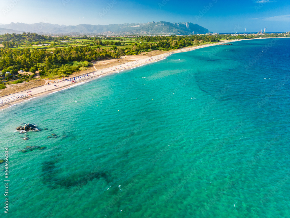 Aerial drone panoramic view of beach of Orrì, Tortolì, Sardinia, Italy Aerial drone panoramic view of beach of Orrì, Tortolì, Sardinia, Italy