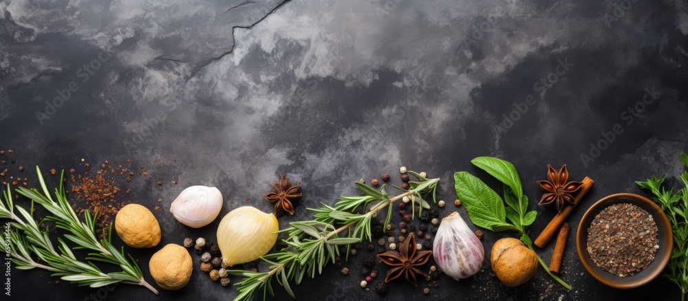 Cooking with herbs and spices including basil rosemary pepper and salt on a stone table seen from above with empty space for writing with copyspace for text