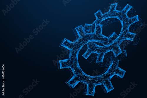  Chain of interconnected links of gears. Polygonal design of lines and dots. Blue background.