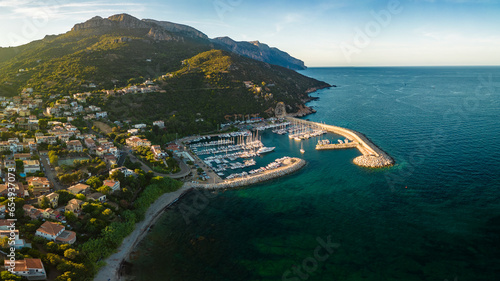 Aerial drone view of the Santa Maria Navarrese beach. Sardinia, Italy