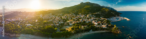 Aerial drone view of the Santa Maria Navarrese beach. Sardinia, Italy