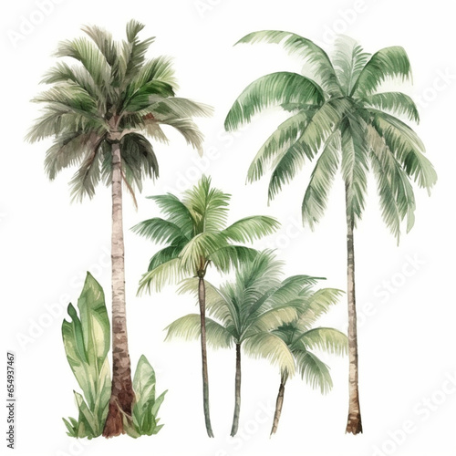 Watercolor Tropical Palm Trees Illustration on White Background