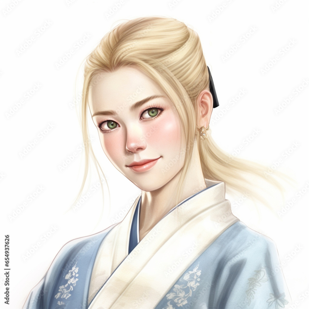 White Woman In Kimono Illustration on white background White Woman In Kimono Illustration on white background