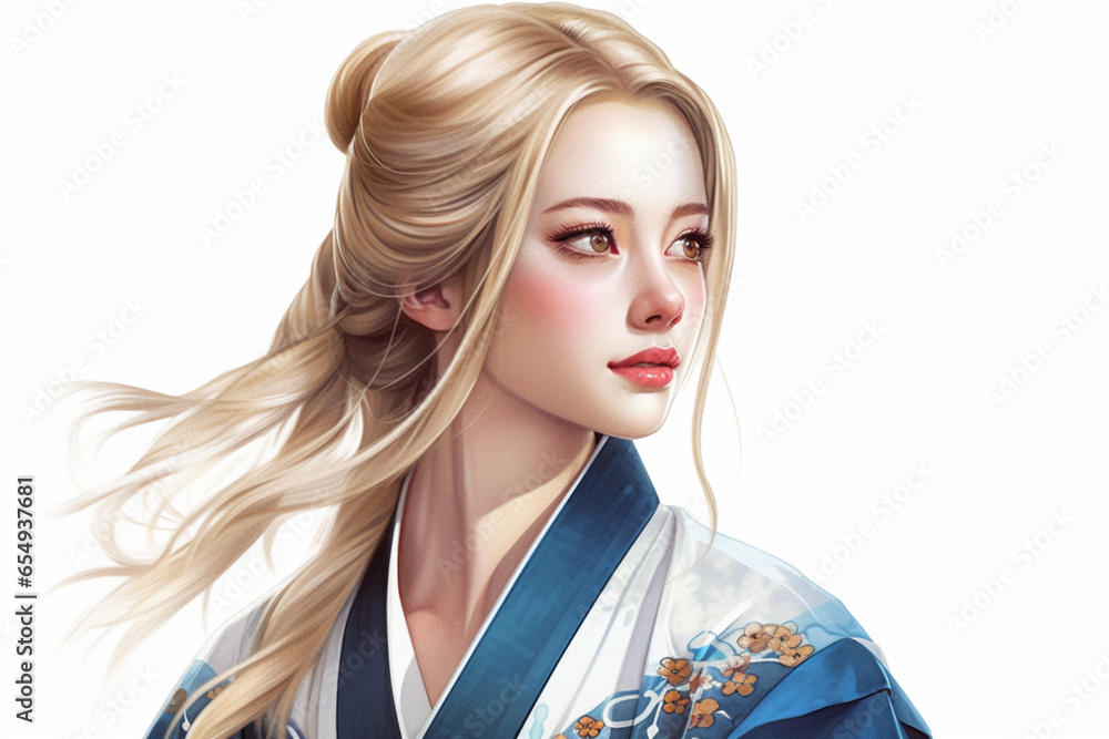 White Woman In Kimono Illustration on white background White Woman In Kimono Illustration on white background