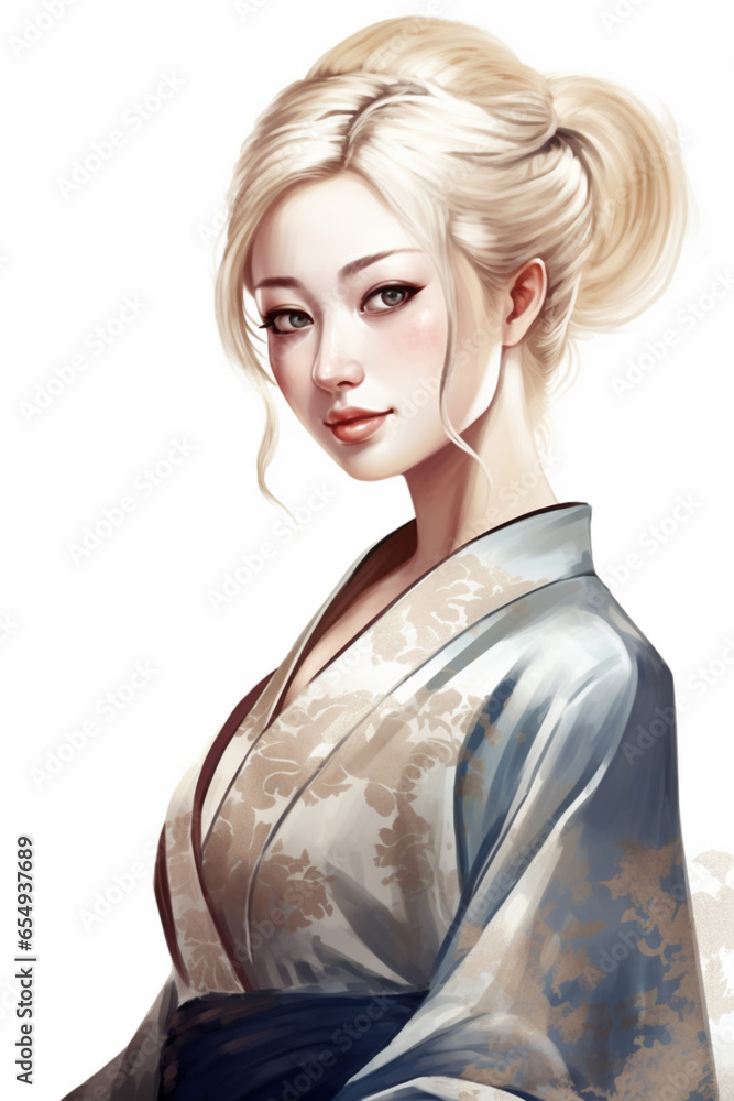 White Woman In Kimono Illustration on white background White Woman In Kimono Illustration on white background