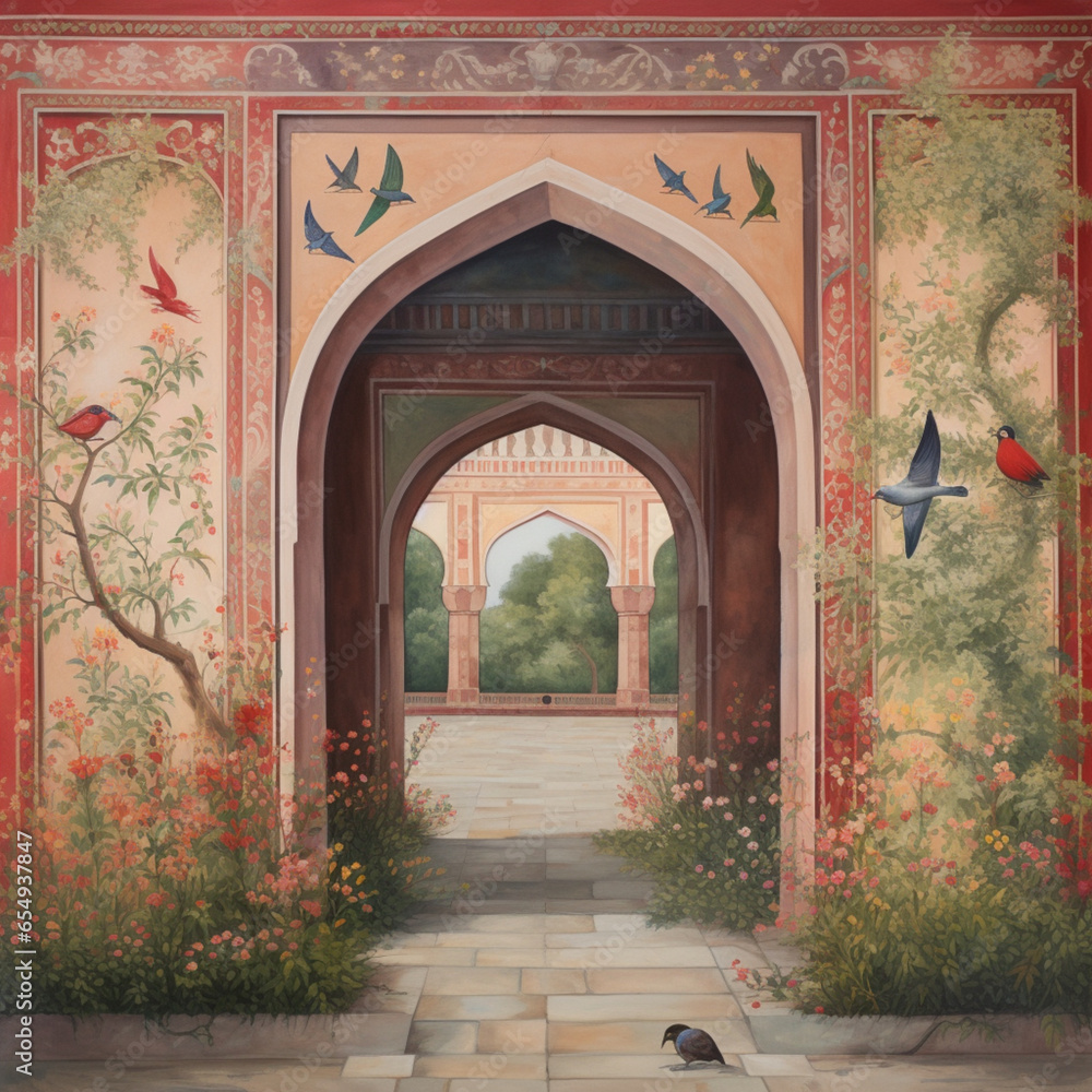 Traditional Mughal Garden Illustration