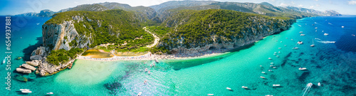 Drone view of the vibrant Cala Luna Beach on Sardinia island, Italy photo