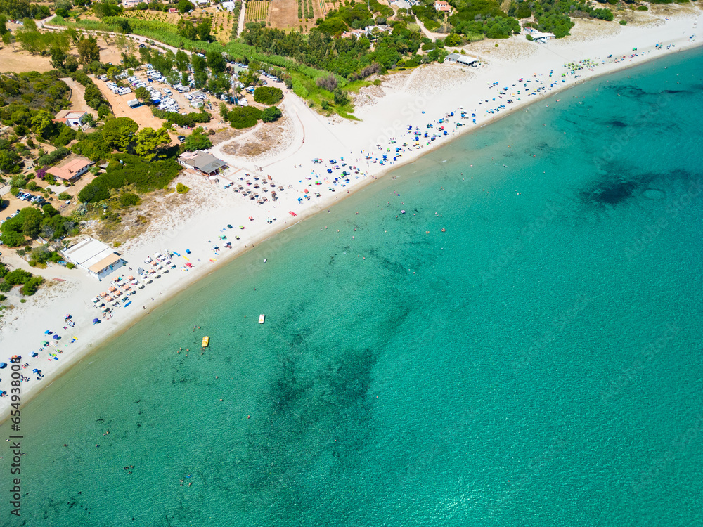 Aerial drone of Foxi Manna beach in Tertenia. Sardinia, Italy