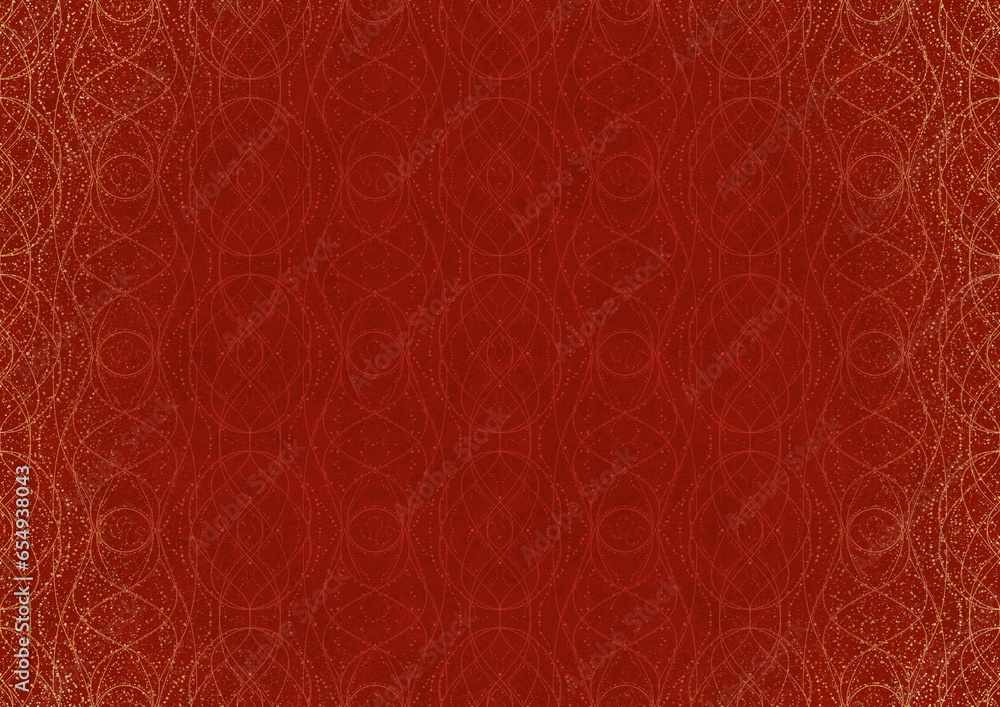 Hand-drawn unique abstract ornament. Light red on a bright red background, with vignette of same pattern and splatters in golden glitter. Paper texture. Digital artwork, A4. (pattern: p10-2c) Hand-drawn unique abstract ornament. Light red on a bright red background, with vignette of same pattern and splatters in golden glitter. Paper texture. Digital artwork, A4. (pattern: p10-2c)