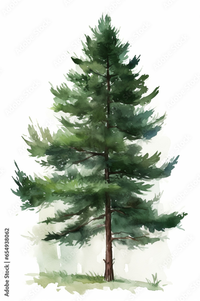 Pine Trees On White Background in Watercolor Style Pine Trees On White Background in Watercolor Style