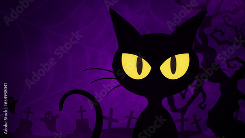 Illustration of a cat with big eyes shining with a scary background.