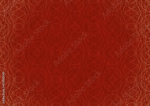 Hand-drawn unique abstract ornament. Light red on a bright red background, with vignette of same pattern and splatters in golden glitter. Paper texture. Digital artwork, A4. (pattern: p10-2c)