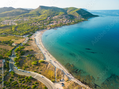 Aerial drone view of Porto Tramatzu beach and the town, Sardinia, Italy