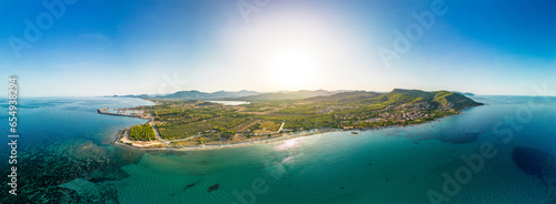 Aerial drone view of Porto Tramatzu beach and the town, Sardinia, Italy