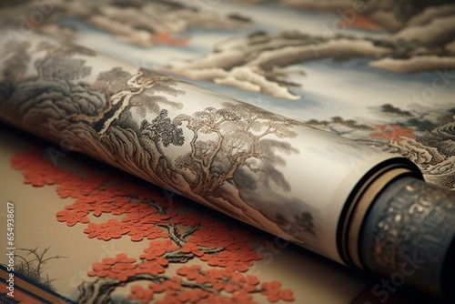 A beautiful Chinese scroll with detailed and intricate patterns. Generative AI