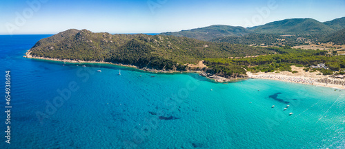 Aerial drone view of Cala Monte Turno and San Pietro Beaches, Sardinia. Italy © Martin Valigursky