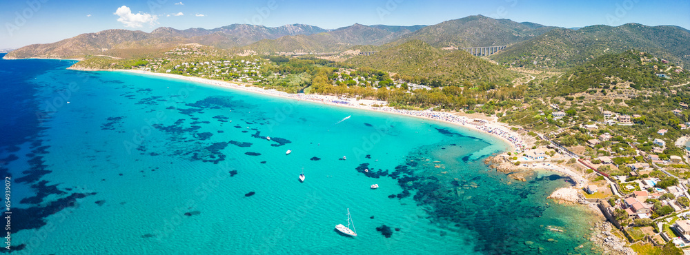 Obraz premium Aerial drone view of Kal'e Moru beach in Geremeas, Sardinia