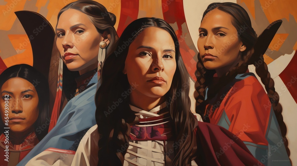 group of indigenous women posing in an illustrated portrait showing ...