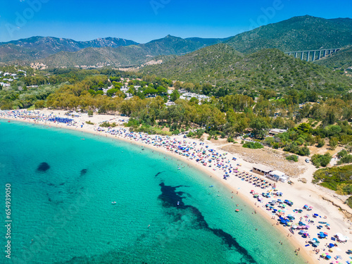 Aerial drone view of Kal'e Moru beach in Geremeas, Sardinia