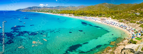 Aerial drone view of Kal'e Moru beach in Geremeas, Sardinia