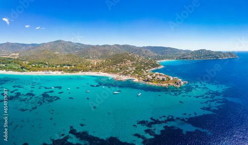 Aerial drone view of Kal'e Moru beach in Geremeas, Sardinia © Martin Valigursky