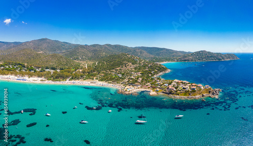 Fototapeta Naklejka Na Ścianę i Meble -  Aerial drone view of Kal'e Moru beach in Geremeas, Sardinia