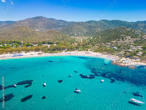 Aerial drone view of Kal'e Moru beach in Geremeas, Sardinia photo