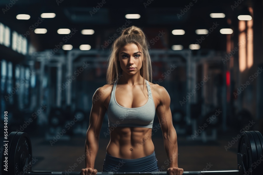 An athletic woman in a fitness room is preparing to lift a barbell.
