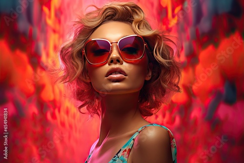 Classy woman in sunglasses against colorful wall. Fashion portrait in retro style. 