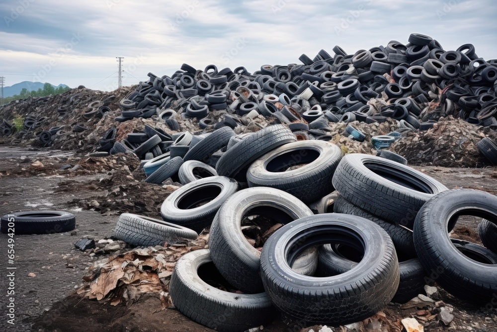 A pile of tires on top of a trash heap at dawn - obrazy, fototapety, plakaty 