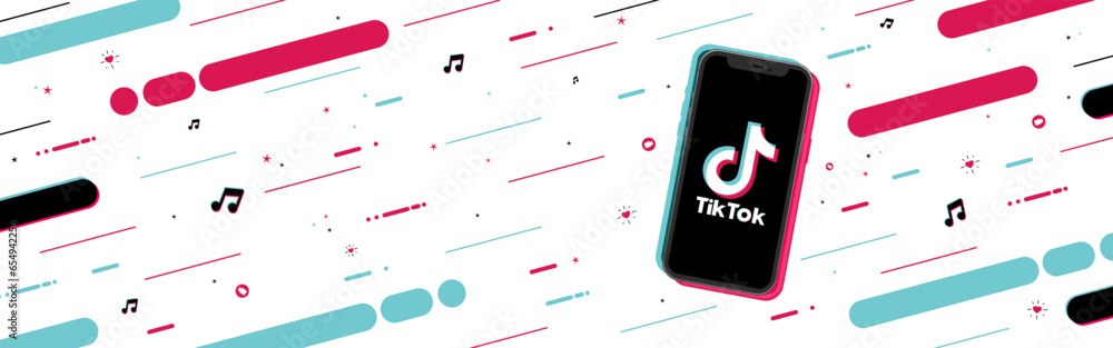 Tik Tok banner with copyspace. Logo on the screen phone with a modern ...