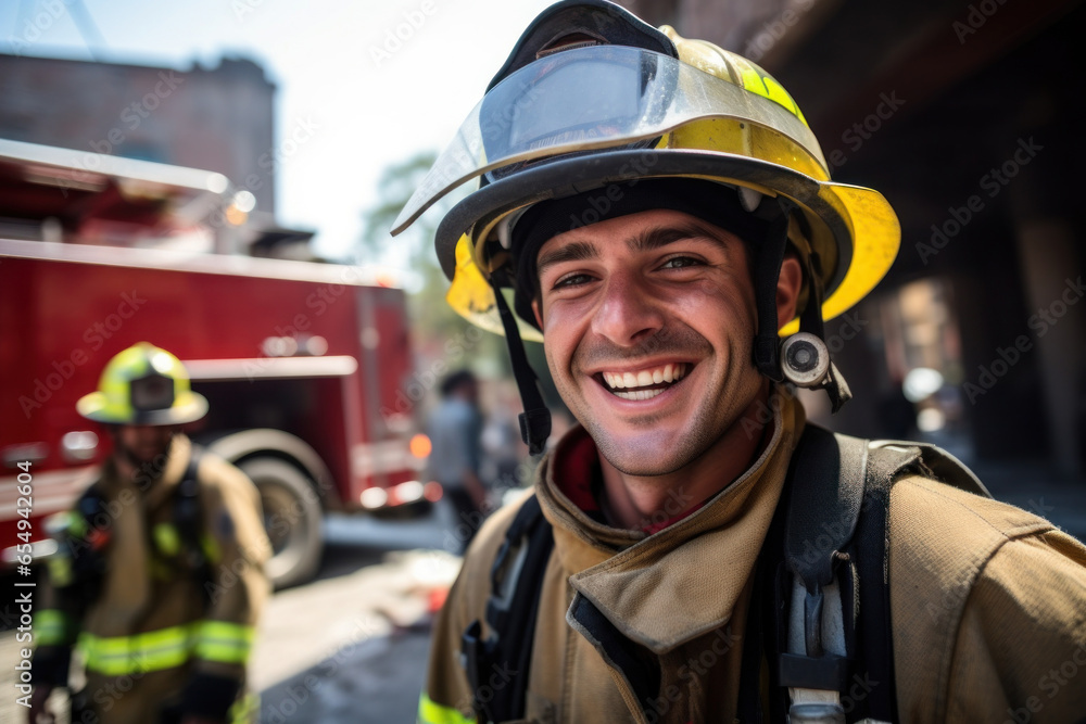 Photo of a smiling fireman ready to extinguish fires with his helmet and fire hose Photo of a smiling fireman ready to extinguish fires with his helmet and fire hose