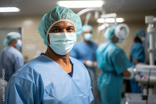 Photo of a woman wearing a surgical mask in a hospital