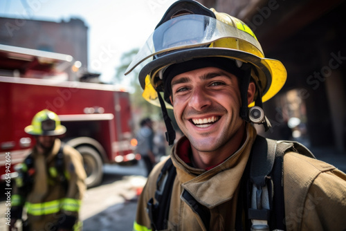 Photo of a smiling fireman ready to extinguish fires with his helmet and fire hose