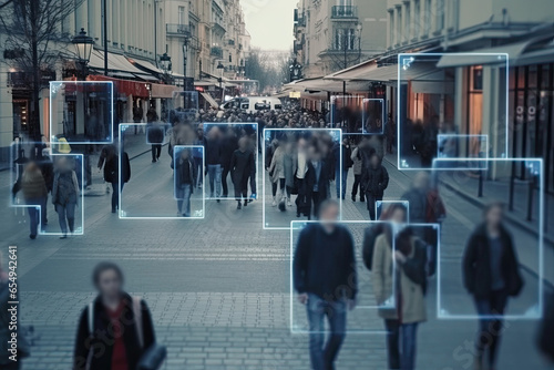 Facial recognition system identifying people on city street. Generative AI photo