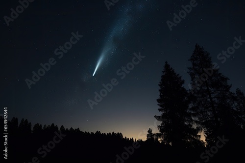 Comet, asteroid, meteorite flying to the planet Earth. Glowing asteroid and tail of a falling comet. Generative AI