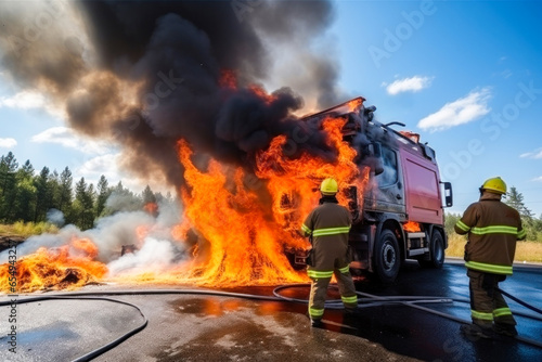 Photo of two firefighters in front of a fire truck