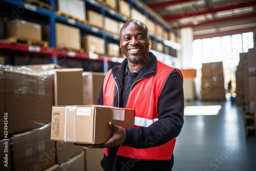 Photo of a man in a warehouse holding a box