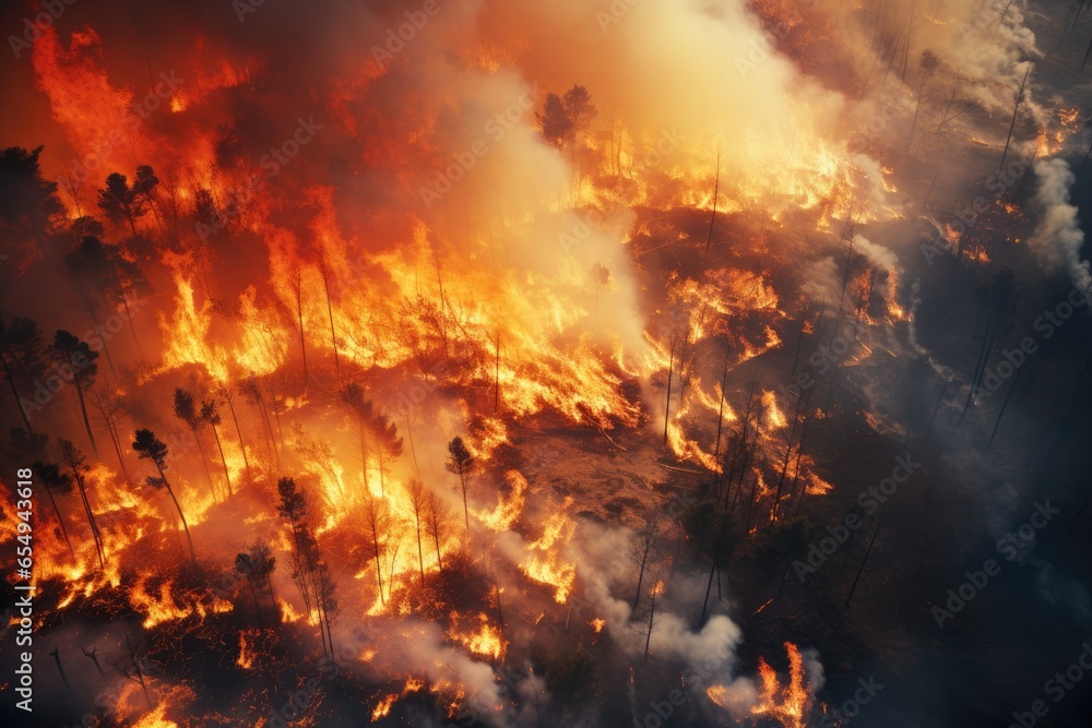 A forest fire scene showing large area of trees engulfed in flames, conveying a sense of destruction and devastation.