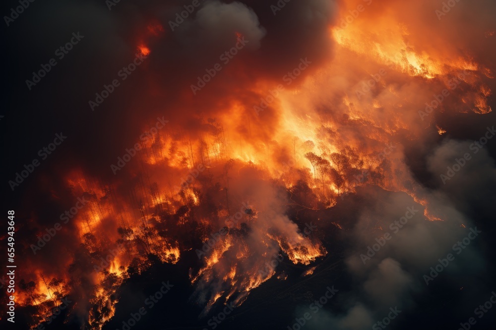 A forest fire scene showing large area of trees engulfed in flames, conveying a sense of destruction and devastation.