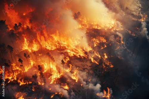 A forest fire scene showing large area of trees engulfed in flames, conveying a sense of destruction and devastation.