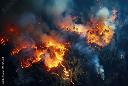 A forest fire scene showing large area of trees engulfed in flames  conveying a sense of destruction and devastation.